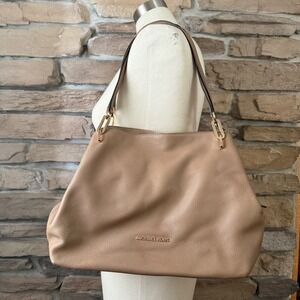 Michael Kors Raven Large Pebbled Shoulder Tote Tan Cream Beige